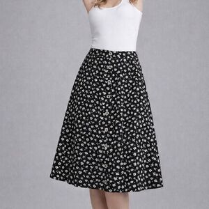 Box Office Black White Floral Button Up Midi Skirt Women’s Size L A-Line